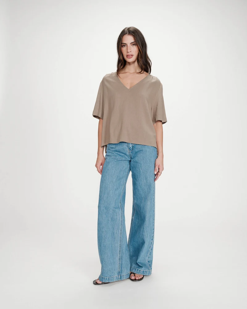 Top manches courtes fluide col V kaki Violon