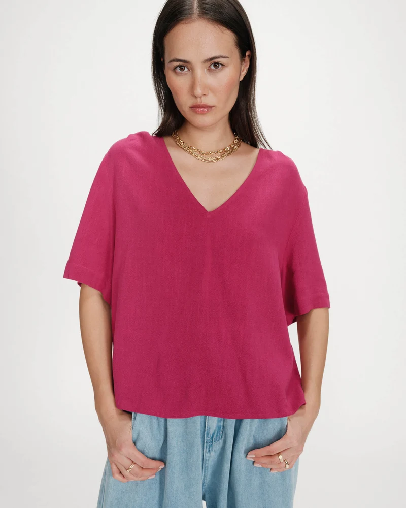 Top manches courtes fluide col V pivoine Violon