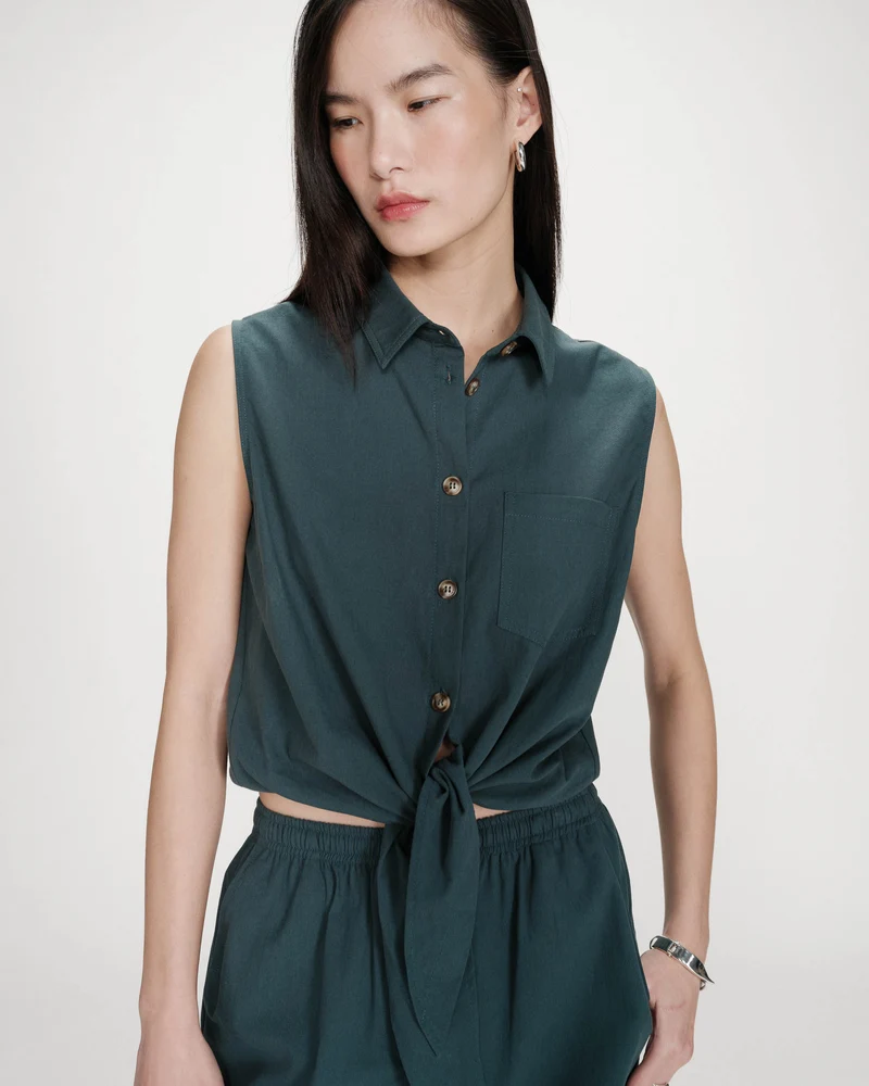 Chemise cintrée en coton à nouer devant emeraude Vero