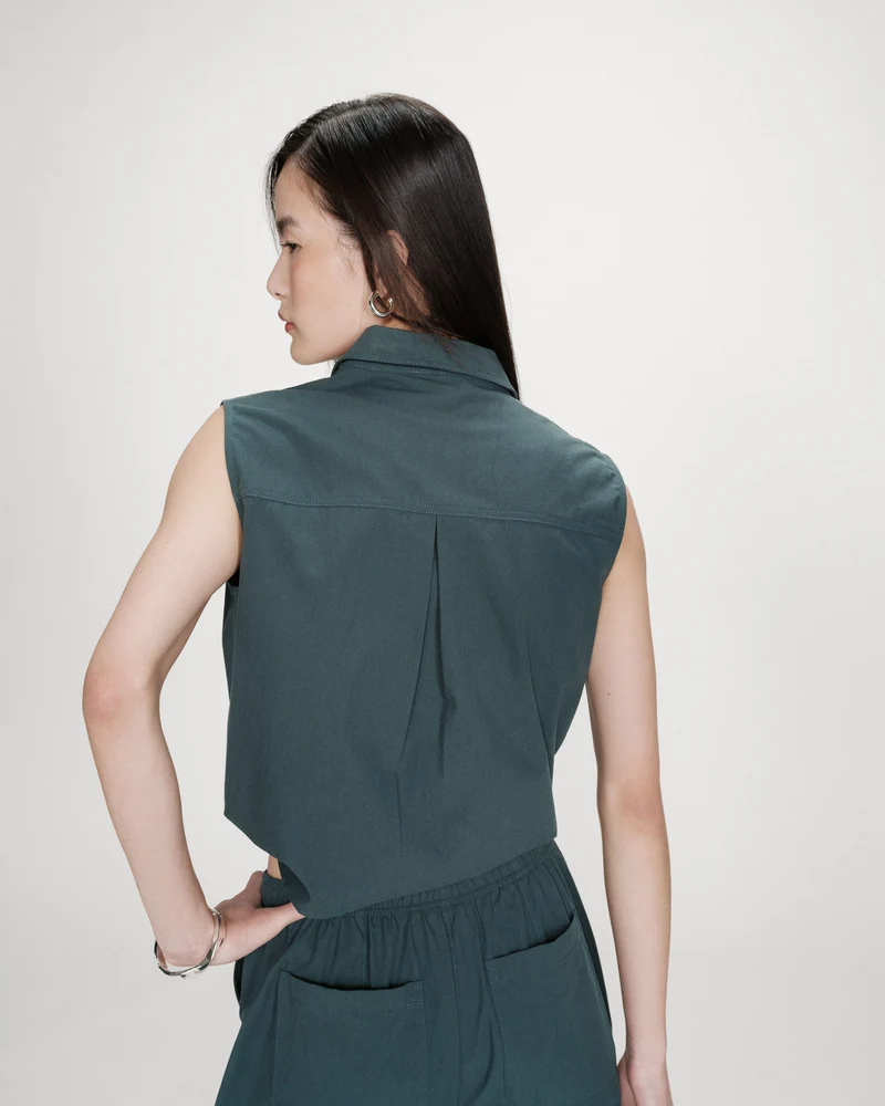 Chemise cintrée en coton à nouer devant emeraude Vero