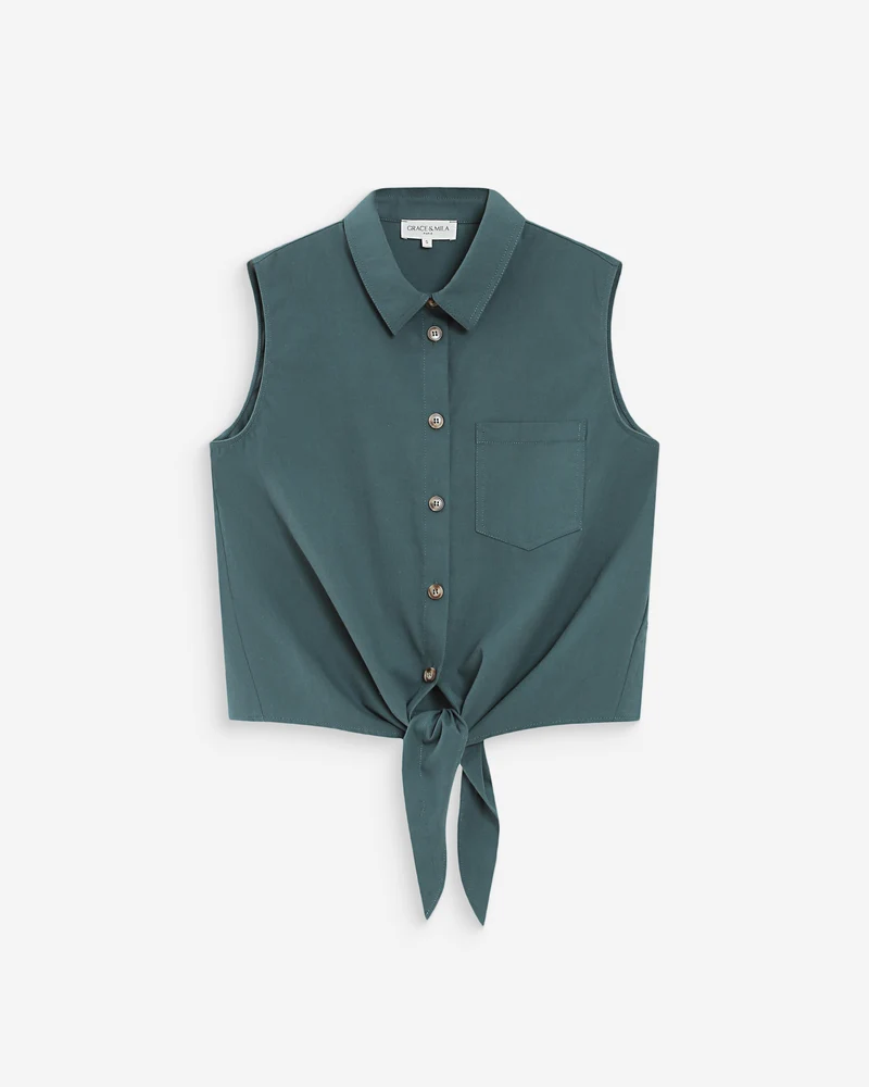 Chemise cintrée en coton à nouer devant emeraude Vero