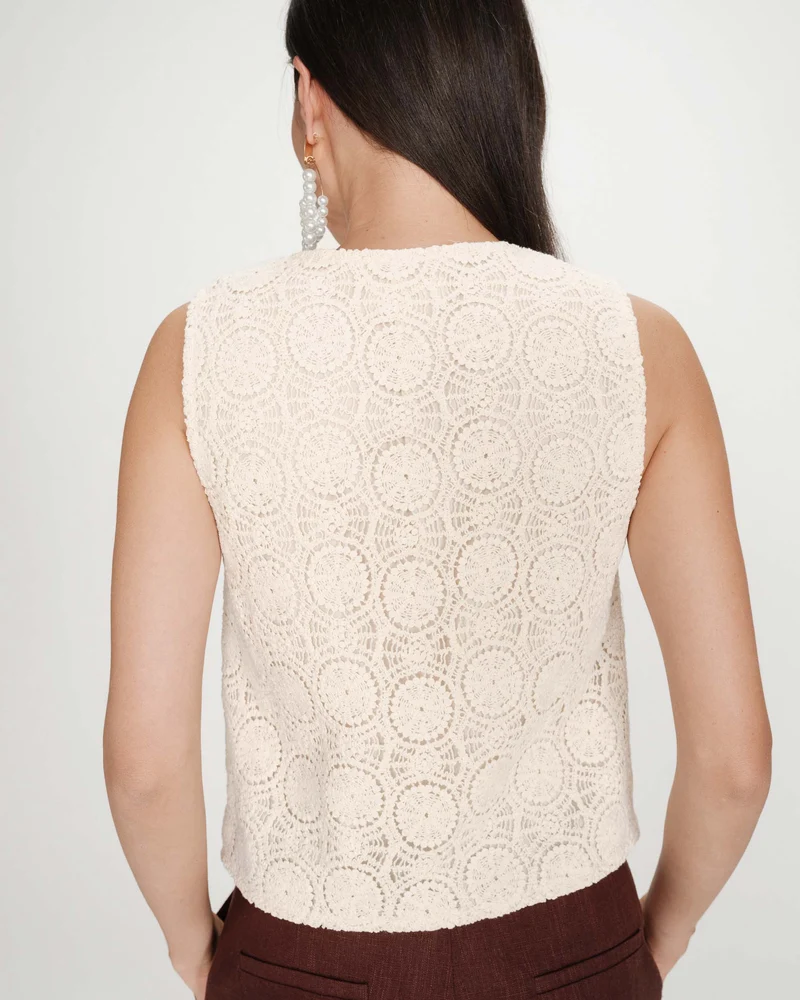 Top en crochet à nouer col V ecru Vony