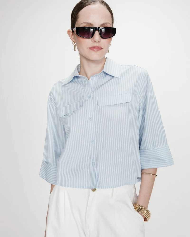 Chemise courte à rayures manches 3/4 ciel Voice