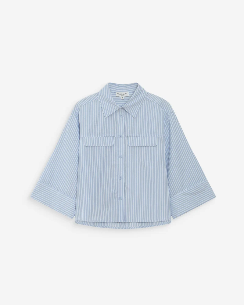 Chemise courte à rayures manches 3/4 ciel Voice