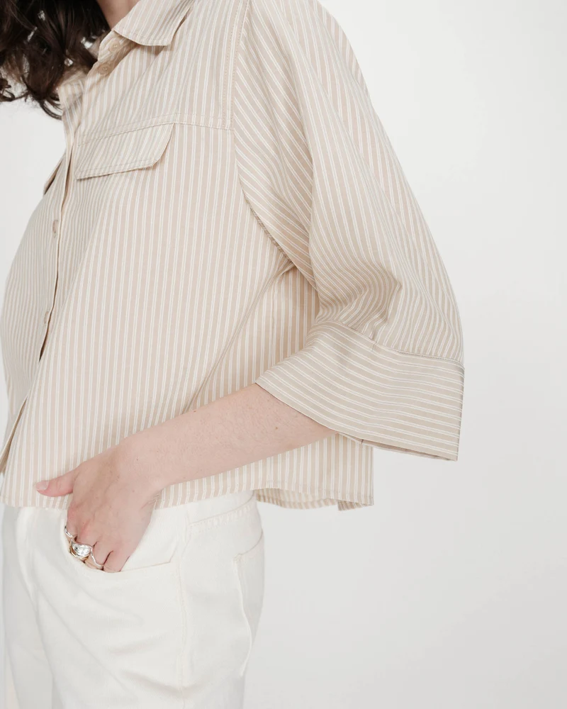Chemise courte à rayures manches 3/4 sable Voice