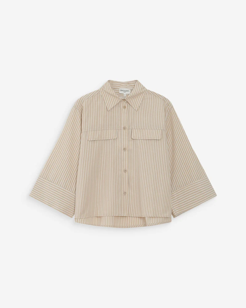 Chemise courte à rayures manches 3/4 sable Voice