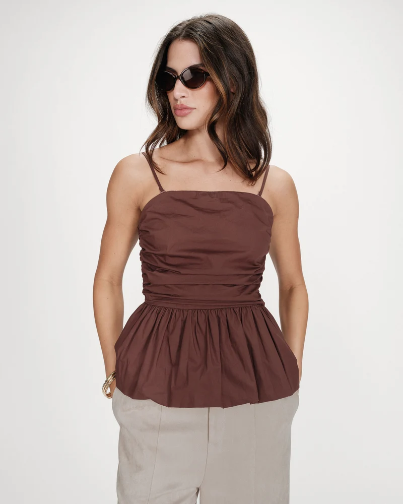 Top péplum bustier à encolure carrée chocolat Valo