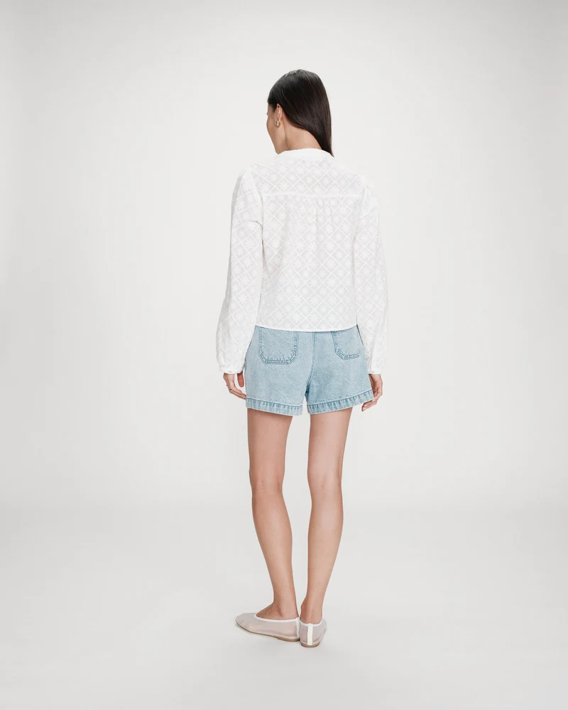 Blouse broderie anglaise col mao en coton ivoire Vandita
