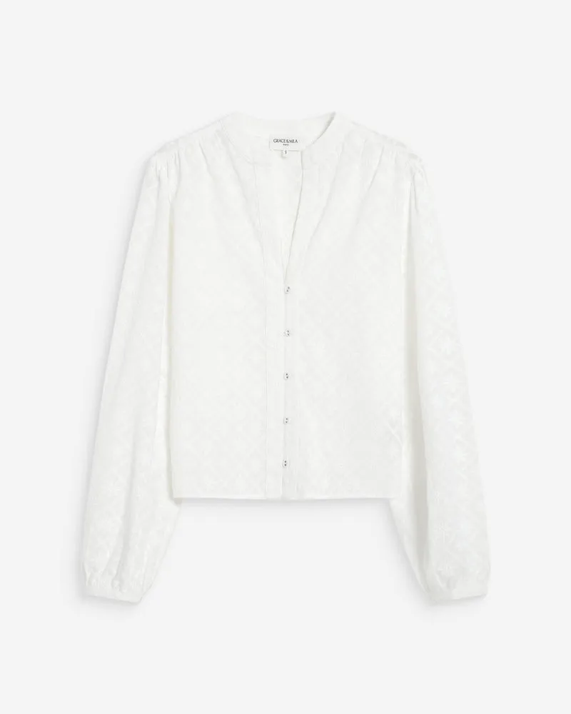 Blouse broderie anglaise col mao en coton ivoire Vandita