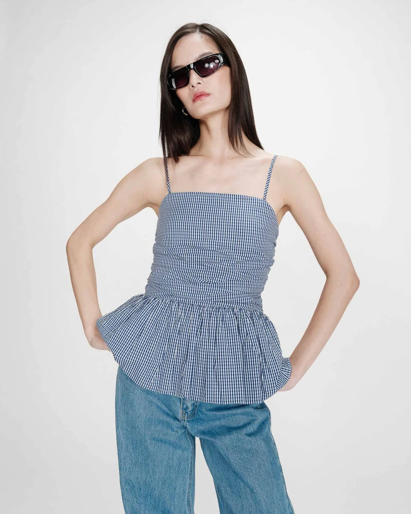Top péplum bustier à encolure carrée marine Valo