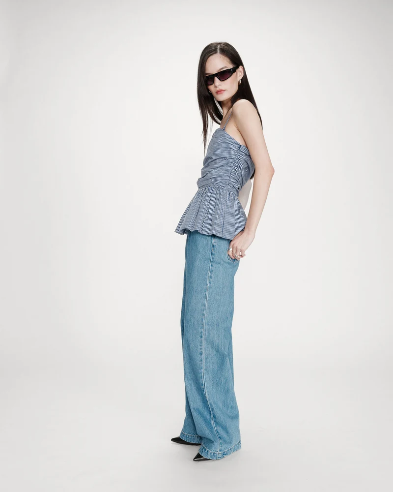 Top péplum bustier à encolure carrée marine Valo