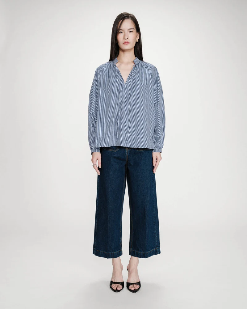 Blouse à carreaux en coton col V oversize marine Varry