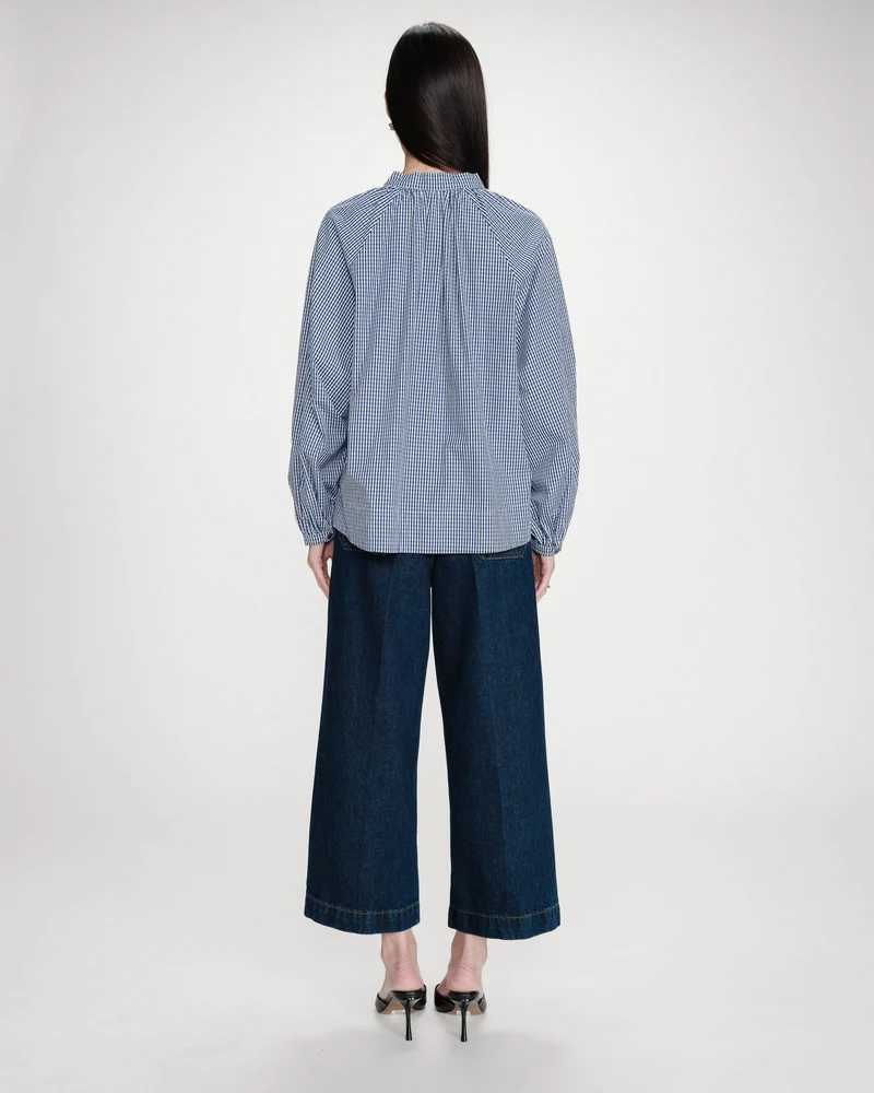 Blouse à carreaux en coton col V oversize marine Varry