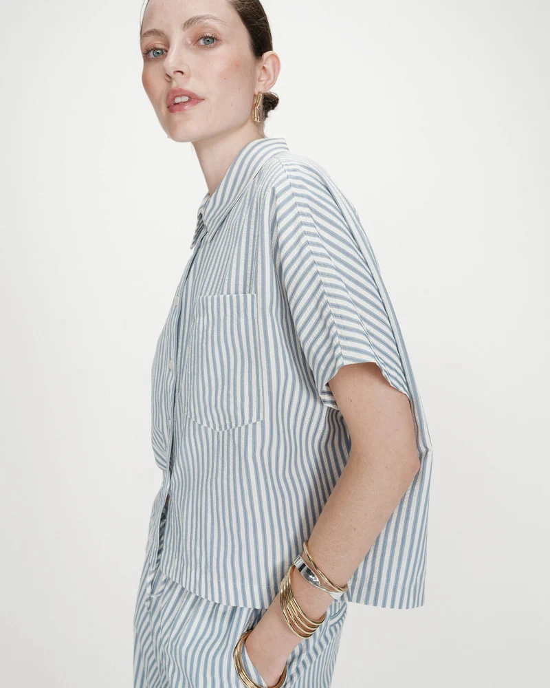 Chemise large à rayures manches courtes bleuet Vercia