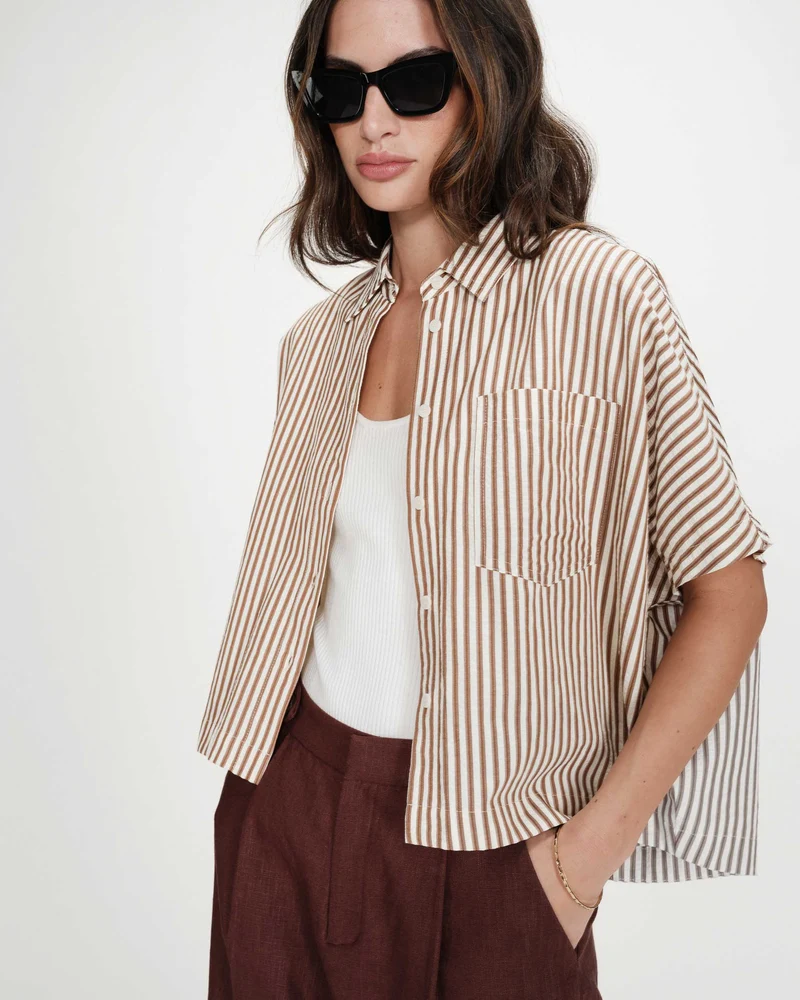 Chemise large à rayures manches courtes mocha Vercia