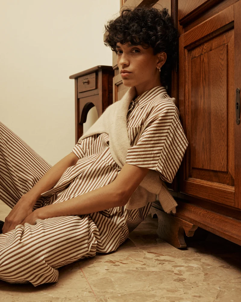 Chemise large à rayures manches courtes mocha Vercia