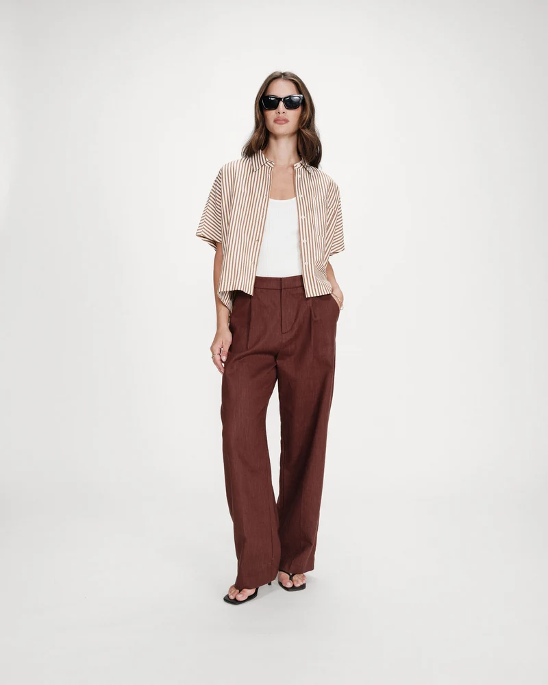Chemise large à rayures manches courtes mocha Vercia