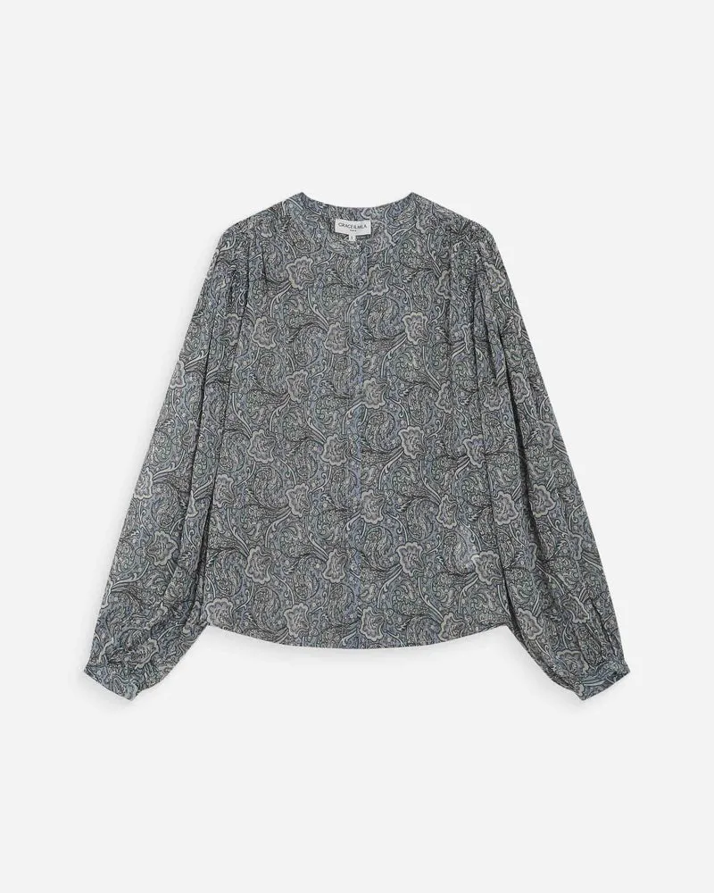 Blouse manches bouffantes imprimée bohème ciel Vertueuse