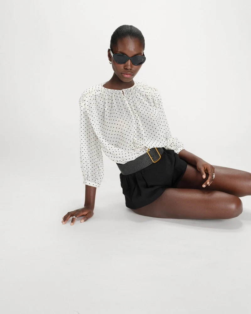 Blouse bouffante à pois manches 3/4 ivoire Valianna