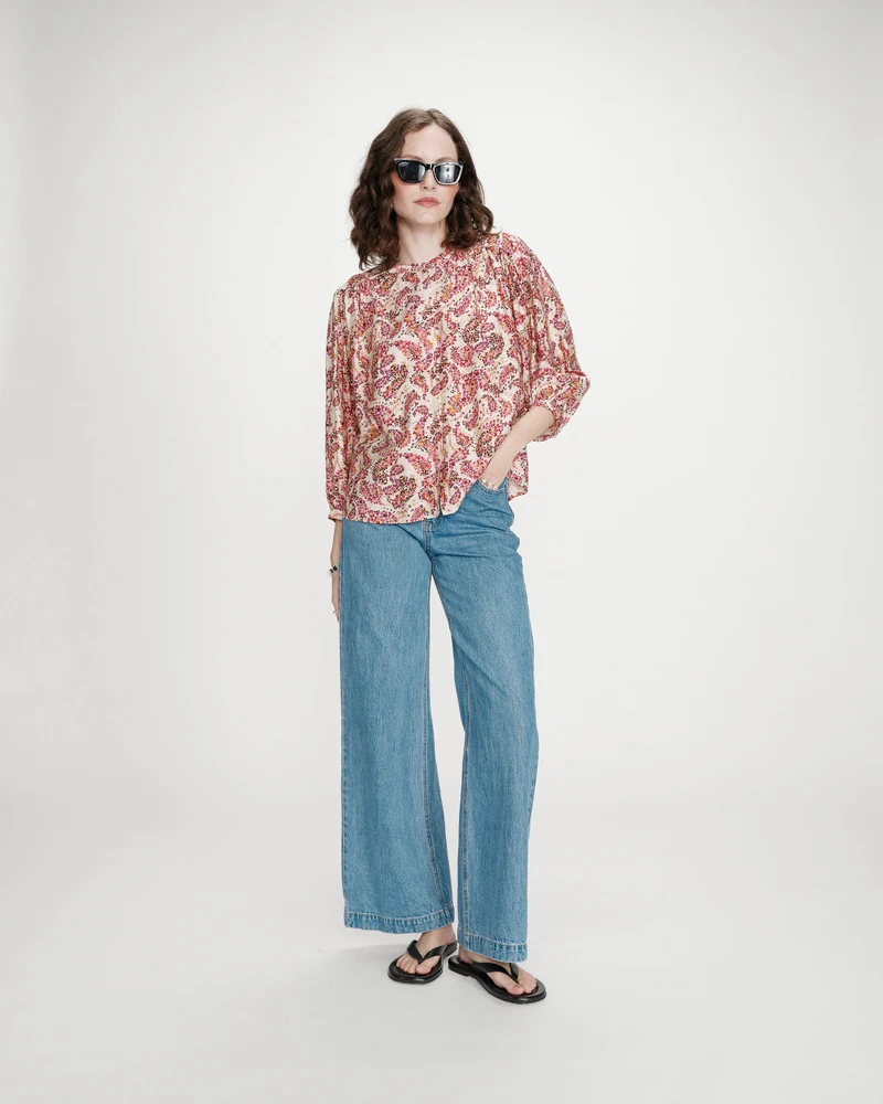 Blouse ample manches bouffantes imprimée florale peche Vezia