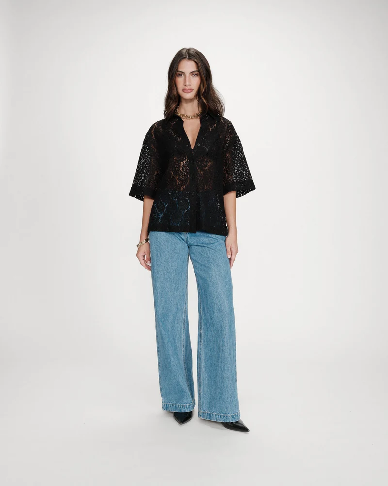 Chemise en dentelle transparente manches 3/4 noir Vendel