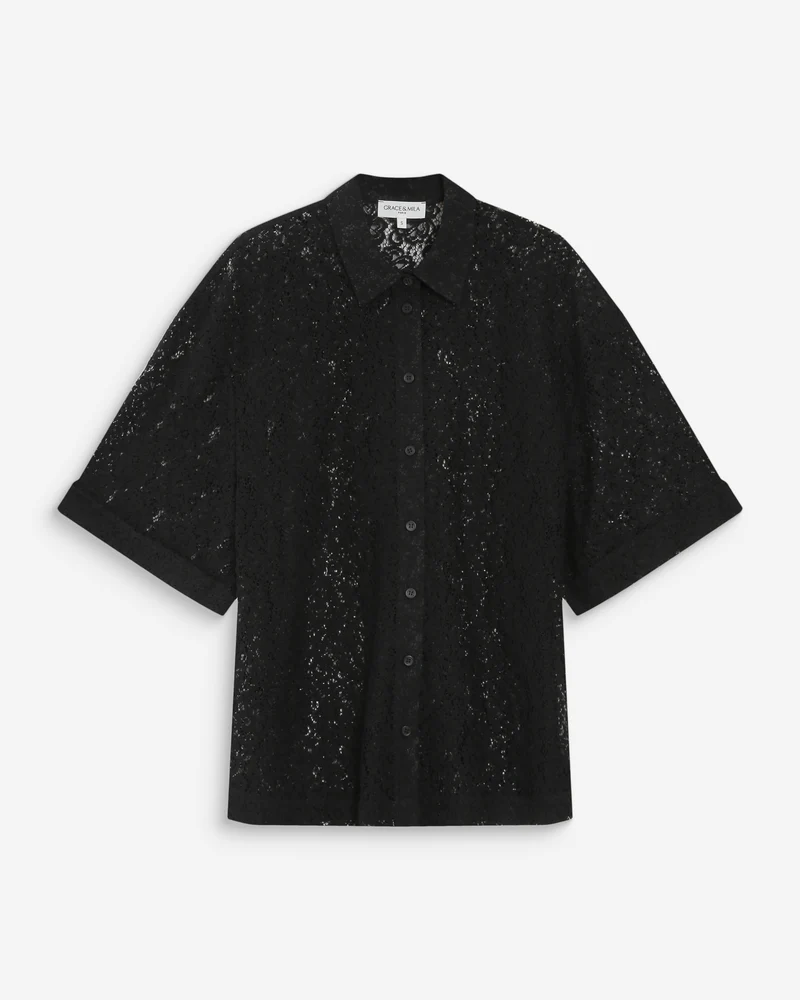 Chemise en dentelle transparente manches 3/4 noir Vendel