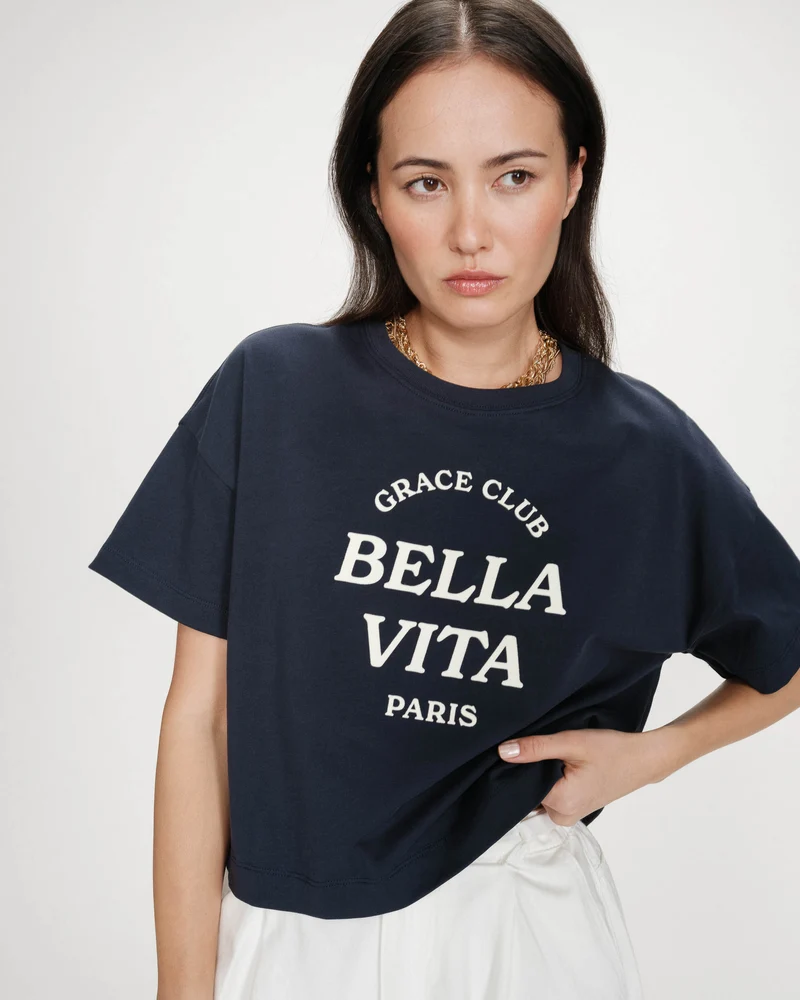 Top oversize en coton message imprimé marine Voss