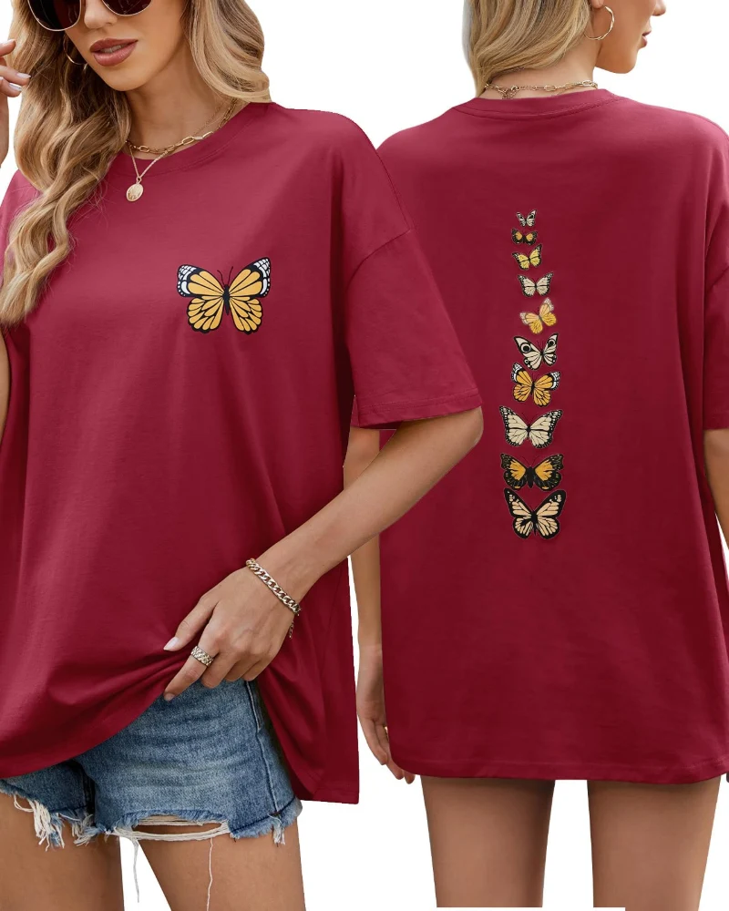 Sloane T-Shirt Oversize Femme – Tee Vintage en Coton avec Imprimé Papillon & Coupe Loose