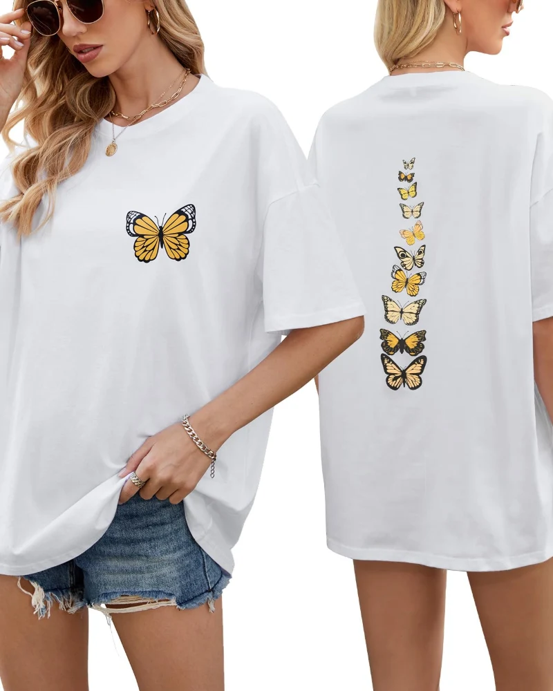 Sloane T-Shirt Oversize Femme – Tee Vintage en Coton avec Imprimé Papillon & Coupe Loose