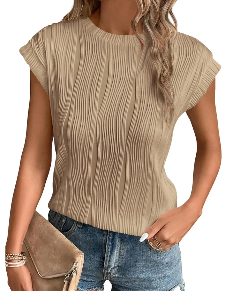 Zuri T-Shirt Femme – Top Maille Texturée Manches Chauve-Souris & Coupe Loose Chic