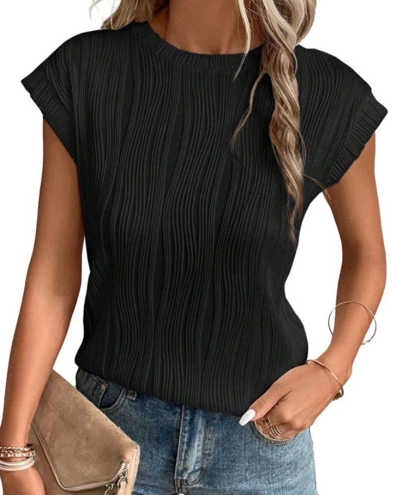 Zuri T-Shirt Femme – Top Maille Texturée Manches Chauve-Souris & Coupe Loose Chic