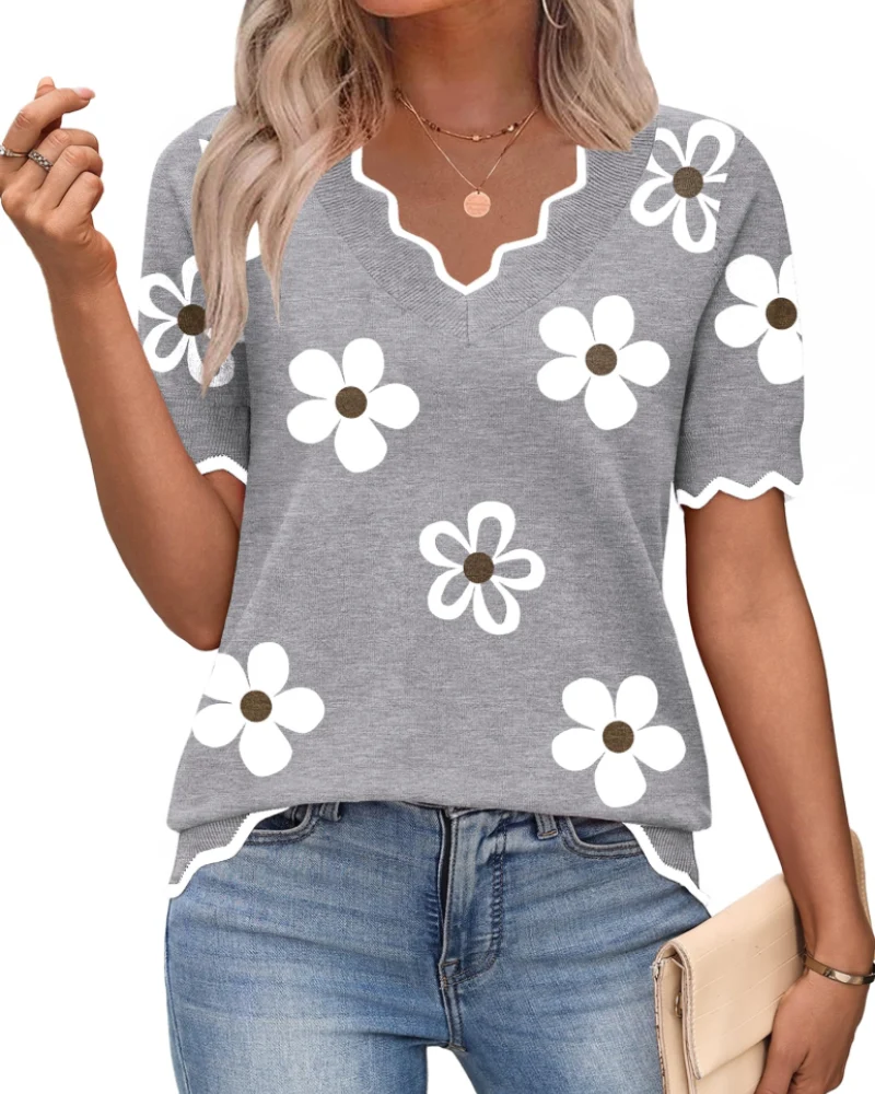 Amirah Top Femme – Pull Léger Manches Courtes Col V Élégant Business Casual