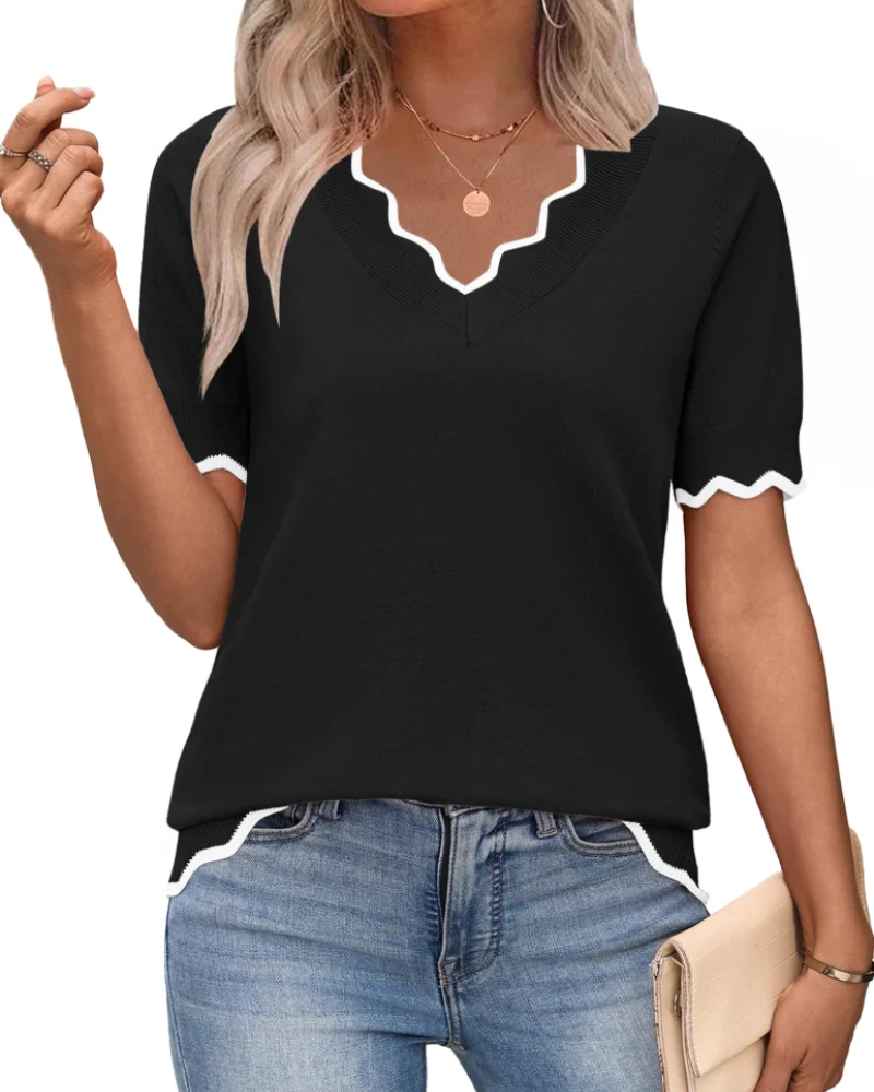 Amirah Top Femme – Pull Léger Manches Courtes Col V Élégant Business Casual