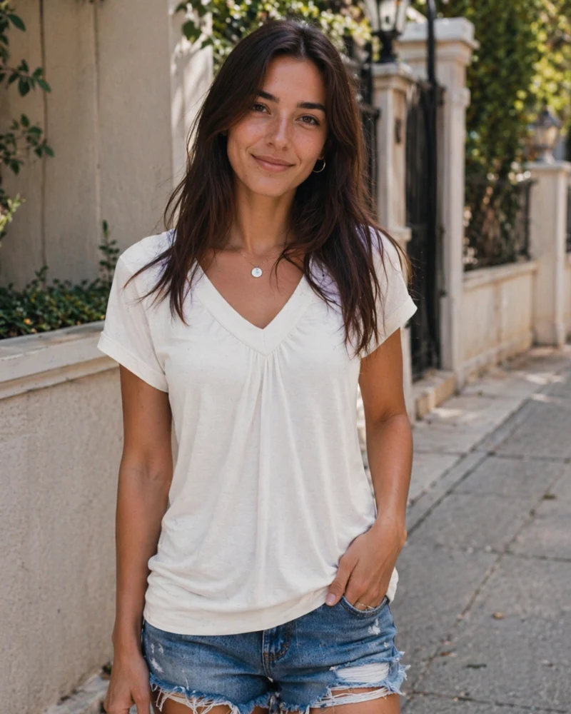 Rhea Top Femme – T-shirt Col V Plissé, Coupe Fluide Élégante & Confort Été