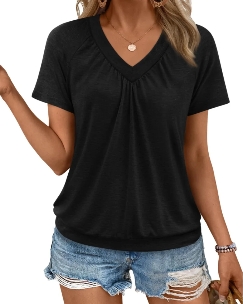 Rhea Top Femme – T-shirt Col V Plissé, Coupe Fluide Élégante & Confort Été