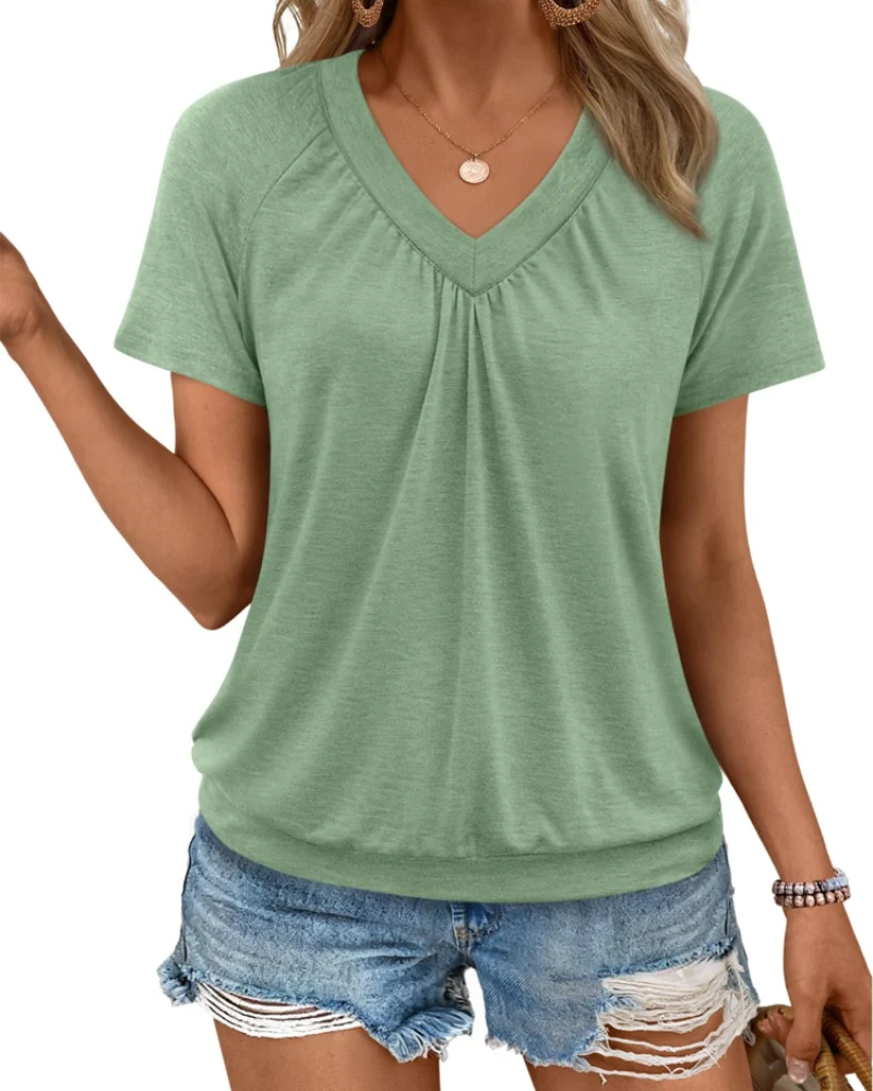 Rhea Top Femme – T-shirt Col V Plissé, Coupe Fluide Élégante & Confort Été
