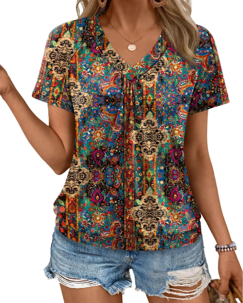 Rhea Top Femme – T-shirt Col V Plissé, Coupe Fluide Élégante & Confort Été