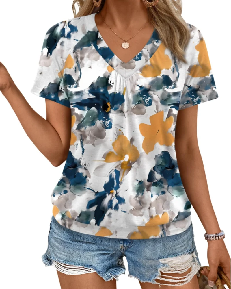 Rhea Top Femme – T-shirt Col V Plissé, Coupe Fluide Élégante & Confort Été