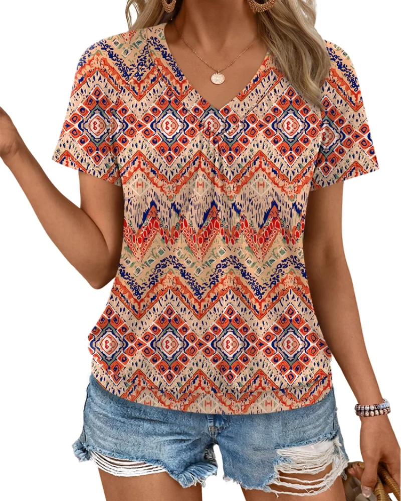 Rhea Top Femme – T-shirt Col V Plissé, Coupe Fluide Élégante & Confort Été