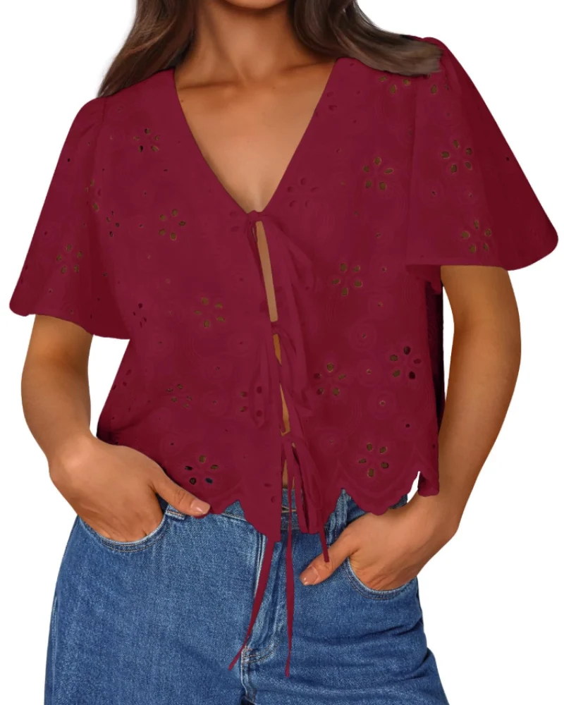 Liora Top Femme Été – Blouse Bohème en Coton Broderie Anglaise avec Nœud, Style Plage Chic