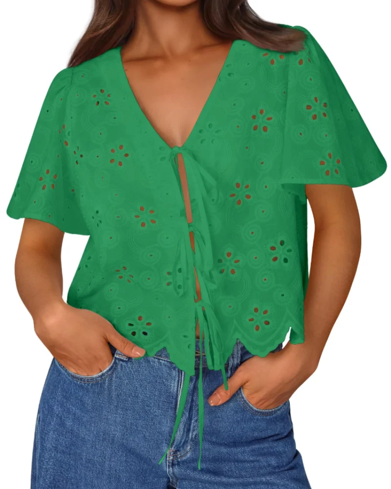 Liora Top Femme Été – Blouse Bohème en Coton Broderie Anglaise avec Nœud, Style Plage Chic