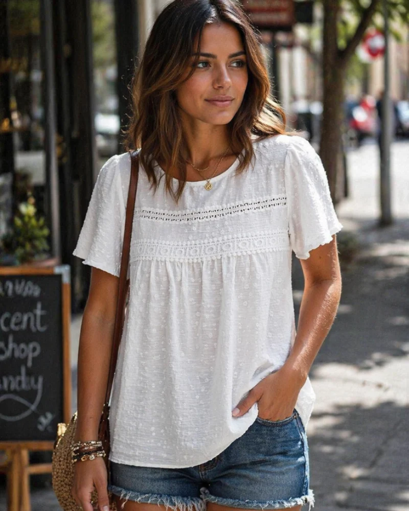 Naira Blouse Femme – Top Bohème en Mousseline avec Dentelle & Coupe Fluide