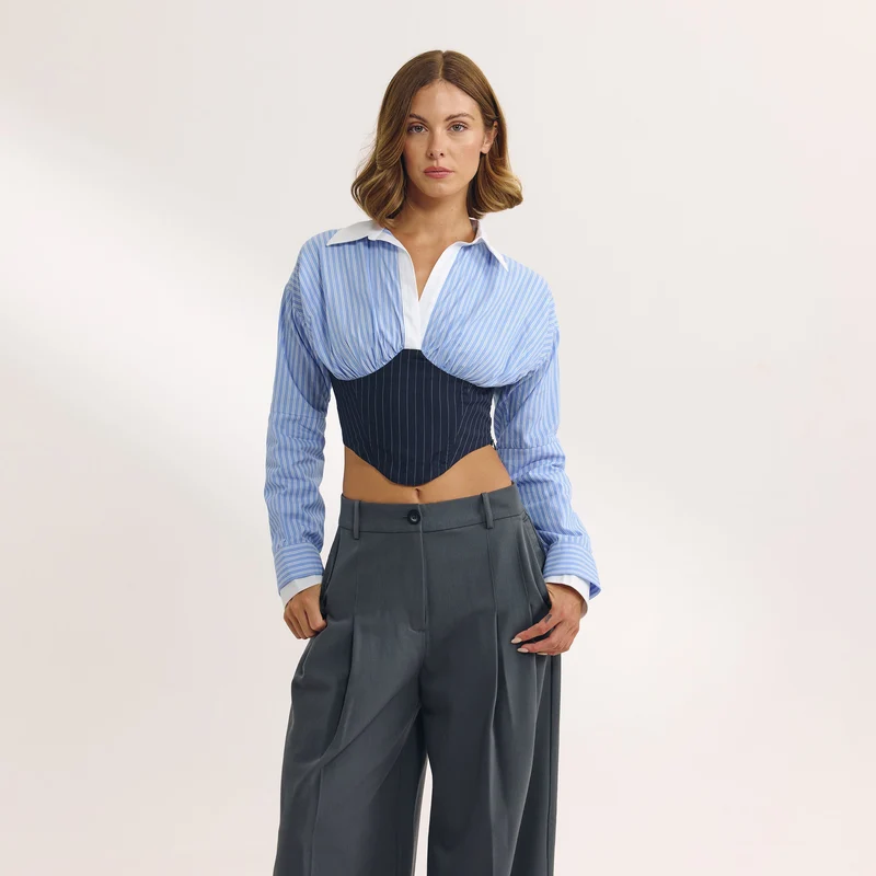 Chemise Bustier à Manches Longues - Bleu