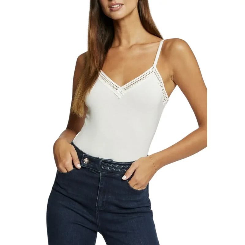 Haut sans manches pour femmes Morgan De Toi blanc, col V dégagé, viscose, élasthanne
