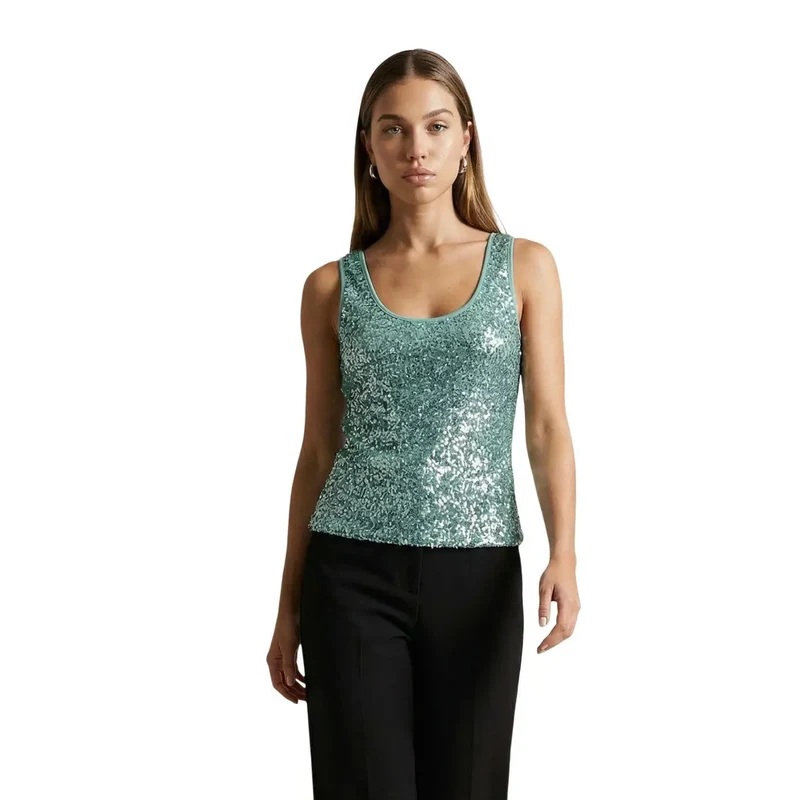 Haut pour femmes en polyester vert à paillettes, col rond
