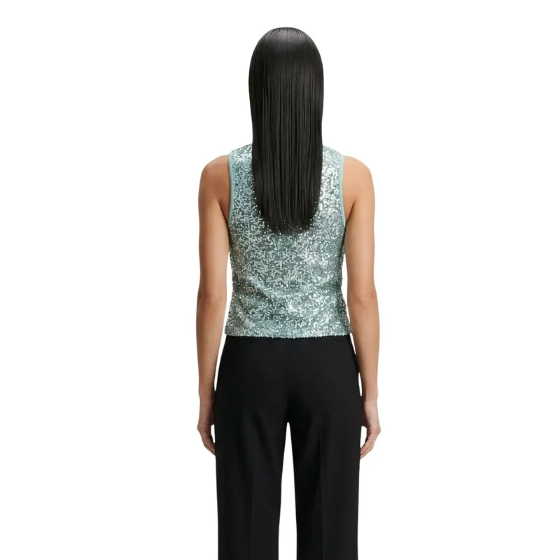 Haut pour femmes en polyester vert à paillettes, col rond