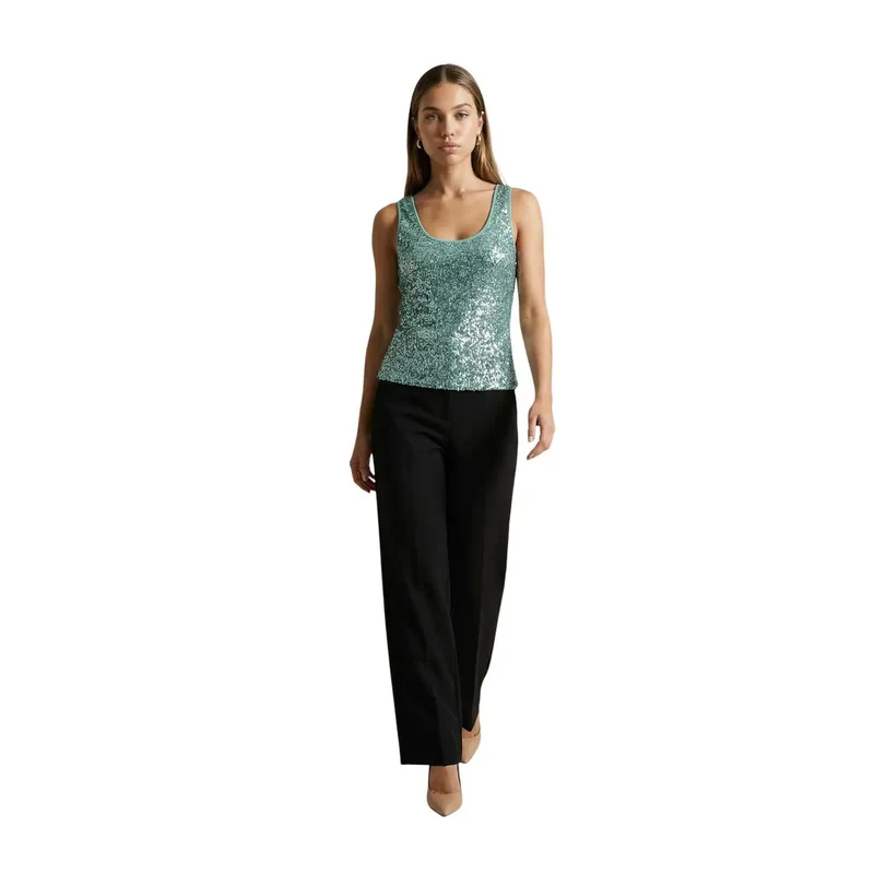 Haut pour femmes en polyester vert à paillettes, col rond