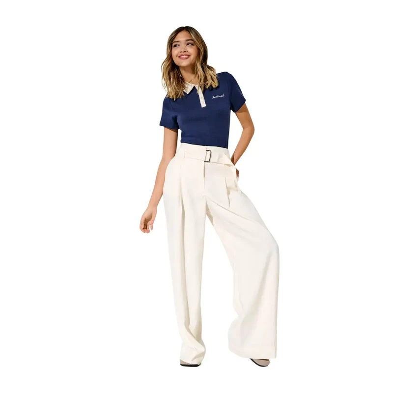 Pantalon large en viscose beige ceinturé femme only