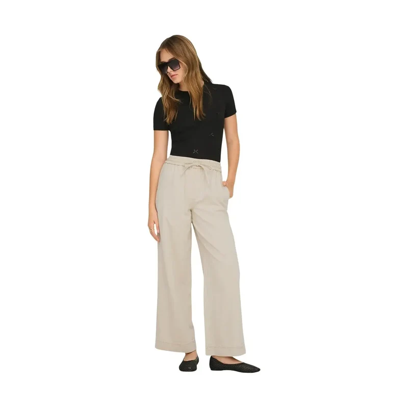 Pantalon pour femmes beige en coton lyocell avec dentelles 15367380