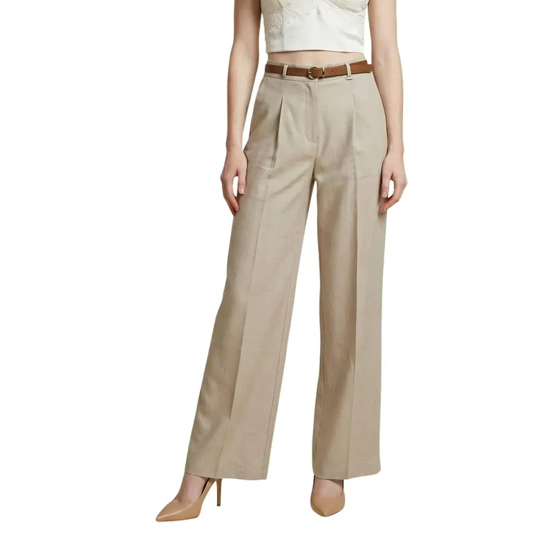 Pantalons pour femmes en beige, polyester, fermeture éclair et bouton, fabriqués en Italie
